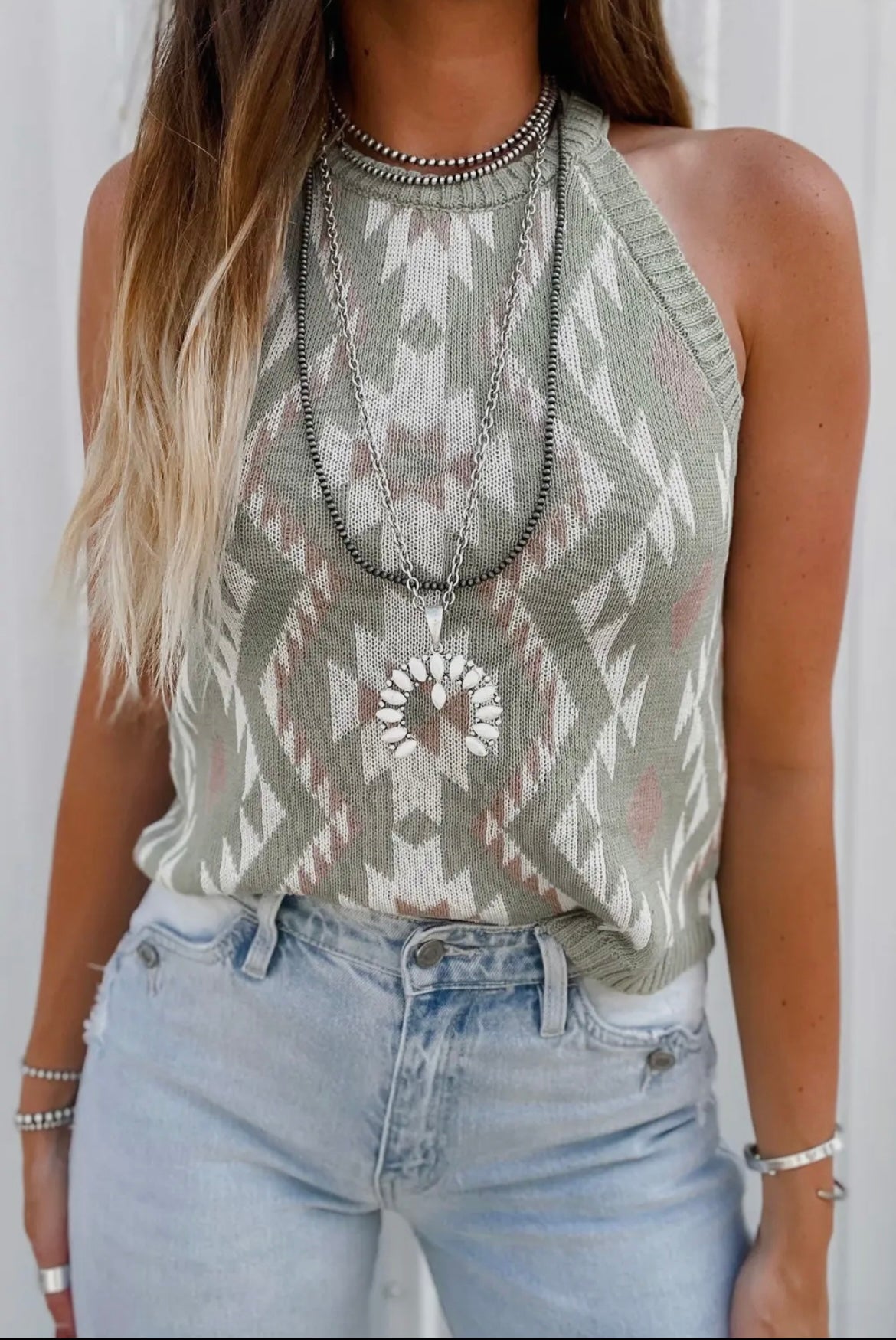 The Geneva Green Aztec Sweater Tank