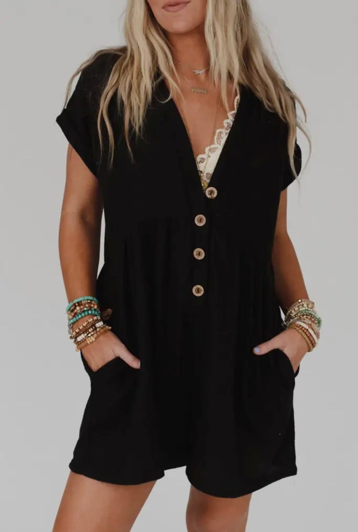 The Bethany Black Button Romper